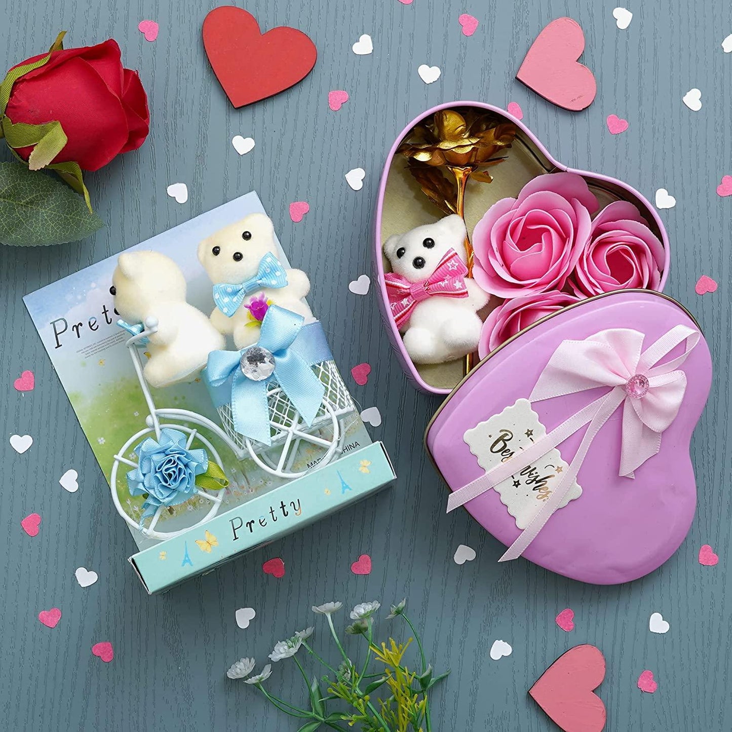 Webelkart®Premium Valentine Heart Shape Box with 3 Pink Roses,1Teddy and 1 Artificial Gold Rose and White Plastic Cycle with Teddy Bear and Rose Petals Gift Box (Sky Blue) for Valentine's Gift
