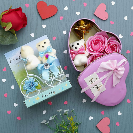 Webelkart®Premium Valentine Heart Shape Box with 3 Pink Roses,1Teddy and 1 Artificial Gold Rose and White Plastic Cycle with Teddy Bear and Rose Petals Gift Box (Sky Blue) for Valentine's Gift