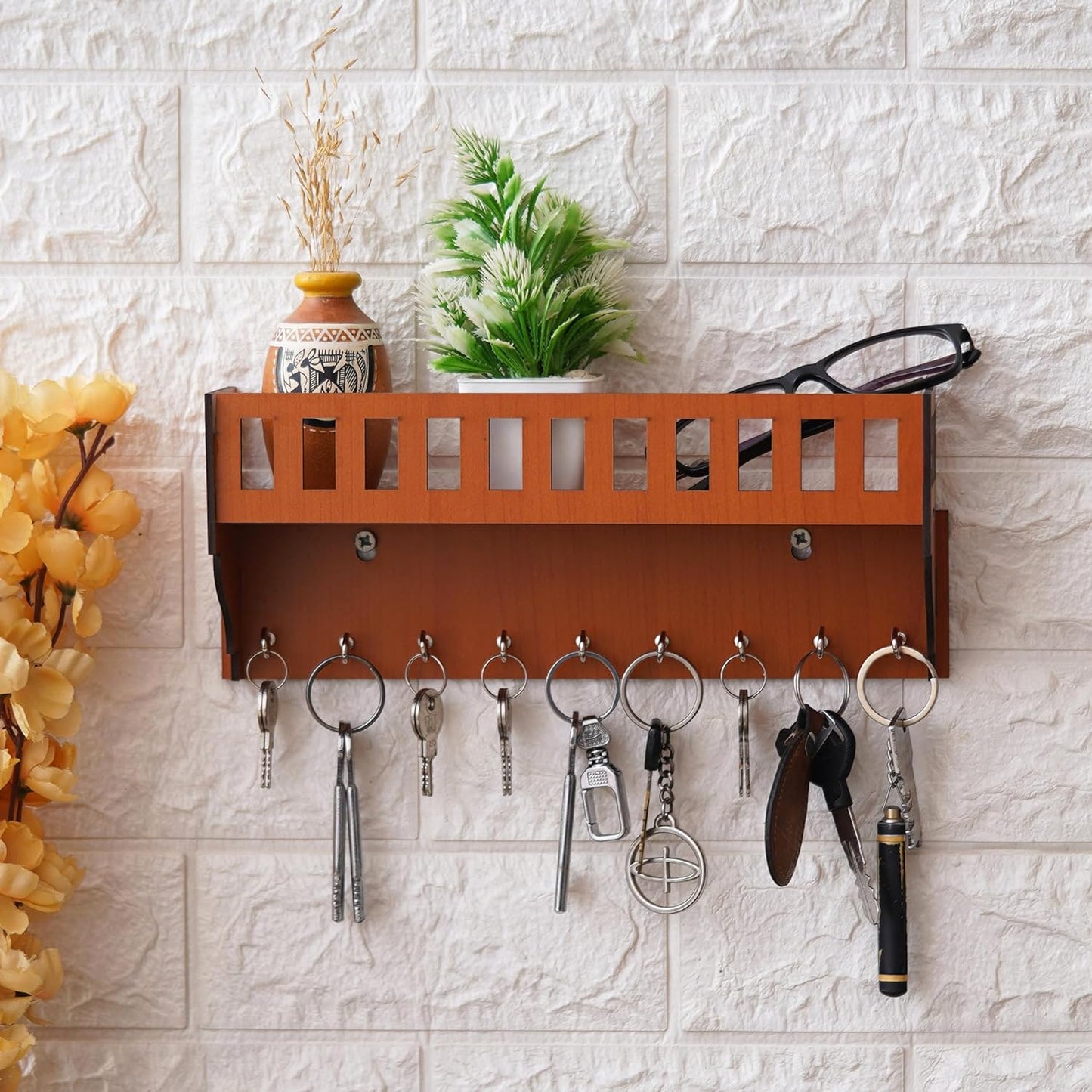 Webelkart Premium Wooden Key Chain Wall Hanging Key Holder Diwali Decorations Items for Home Decor Key Hanger with Showpiece Stand (9 Hook- Wood)