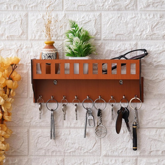 Webelkart Premium Wooden Key Chain Wall Hanging Key Holder Diwali Decorations Items for Home Decor Key Hanger with Showpiece Stand (9 Hook- Wood)