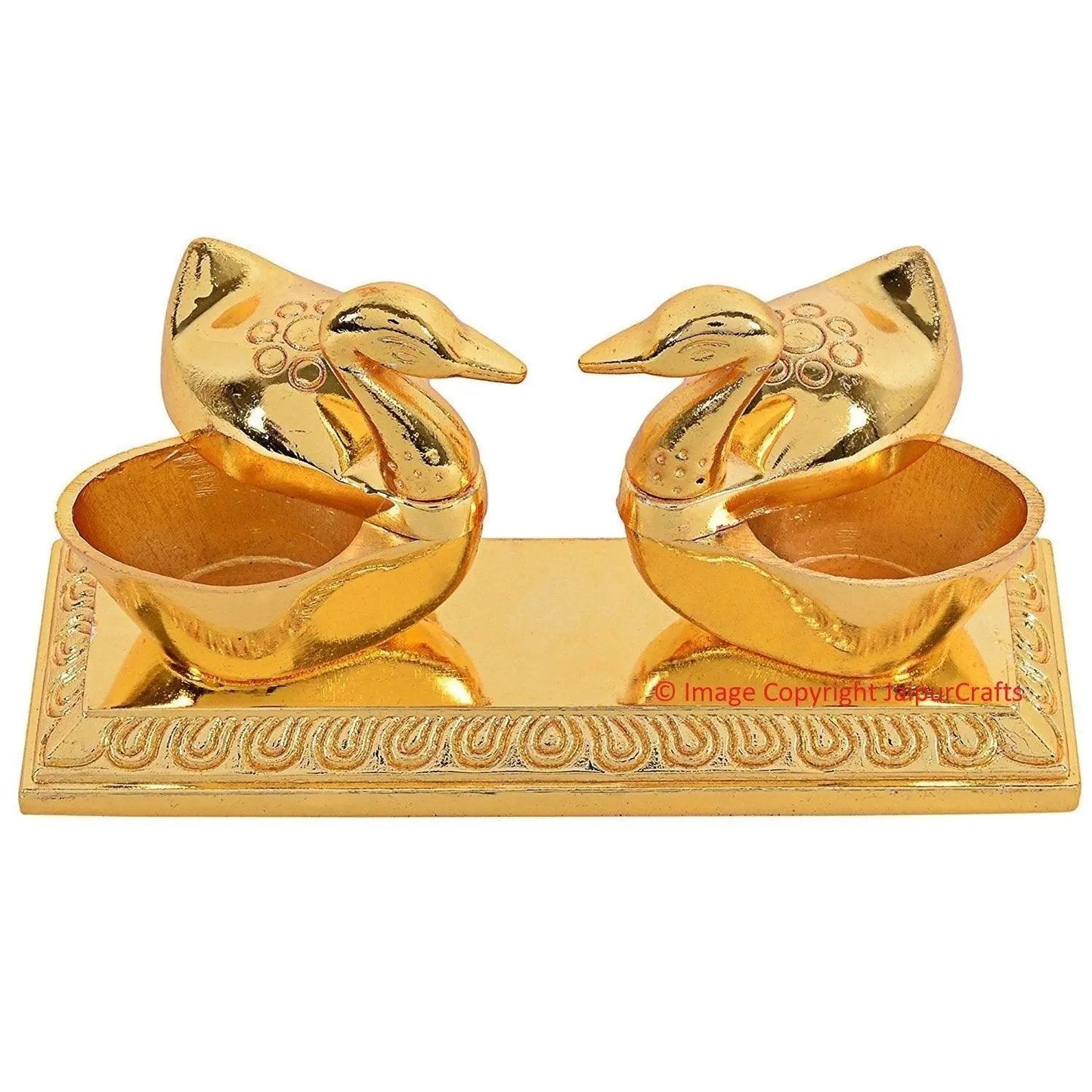 JaipurCrafts Zinc Roli-Chandan, Chawal-Akshat-Haldi, Kumkum Box with Loving Bird Duck Pair Chopda, 11x6x3cm(Gold)