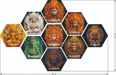 JaipurCrafts Premium Set of 9 Hexagonal Wooden Navdurga Mata Art Prints For Home Decor, Wooden Wall Paintings For Home And Living Room Decorations - Nav Durga/Navratri Mata Wooden Wall paintings