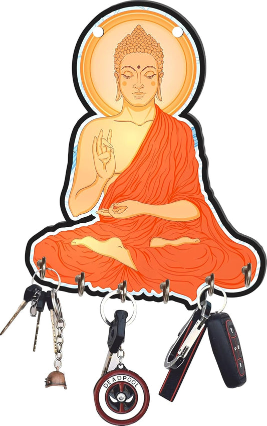 JaipurCrafts Premium Sitting Meditating Gautam buddha Printed Wooden key holder for home and office decor, keychain holder for home (multi, 9 inches)