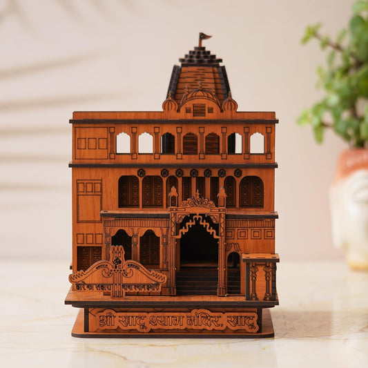 Webelkart Premium Khatu Shyam Ji Wooden Temple for Home Decoration car Dashboard Wooden Temple for Office - Khatu Shyam Mandir Model (8.66" Inches) (Wood Finish)