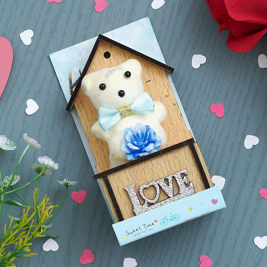 Webelkart® Premium Love Teddy Bear On Wood Stand Gift Box- Valentine Gift for Girlfriend/Boyfriend-Valentine Gift for Couples (Sky Blue)
