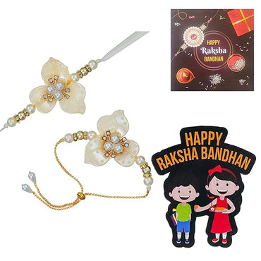 Webelkart Antique Flower Designer Set Of 2 Beads Rakhi For Brother And Bhabhi with Magnet And Roli Chawal Pack Gift For Bhaiya Bhabhi,Couple Rakhi Set