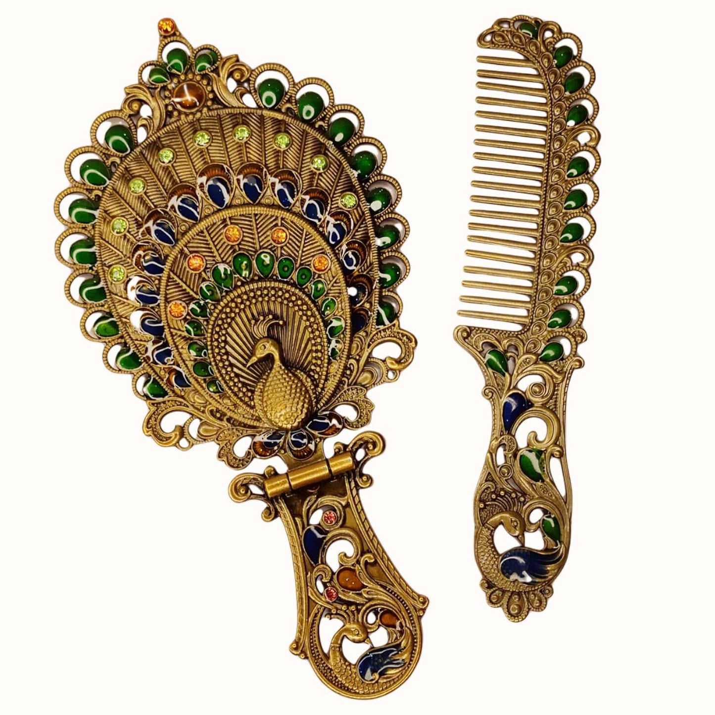 Webelkart Premium Handwork Peacock Hand Mirror with Comb Set Personal Makeup for Women/Girl Salon Mirror & Decorative Antique Item Women Gift Item (Multicolour)