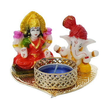 Webelkart Premium Laxmi Ganesha Idol on Decorative Handcrafted Tealight Holder for Home Decorative Showpiece - 3 Inch (Poly-Resin, Multi Color)