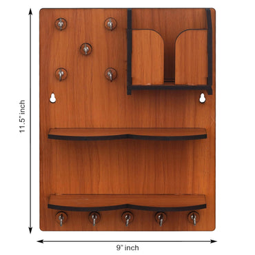 JaipurCrafts Premium Wood Key Chain Hanging Board/Wall Hanging Key Holder with Mobile Charging Stand and Showpiece Stand (11.5 Inches, 10 Hooks) WoodColor Home and Office Decor