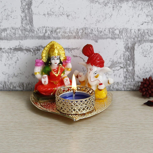 Webelkart Premium Laxmi Ganesha Idol on Decorative Handcrafted Tealight Holder for Home Decorative Showpiece - 3 Inch (Poly-Resin, Multi Color)