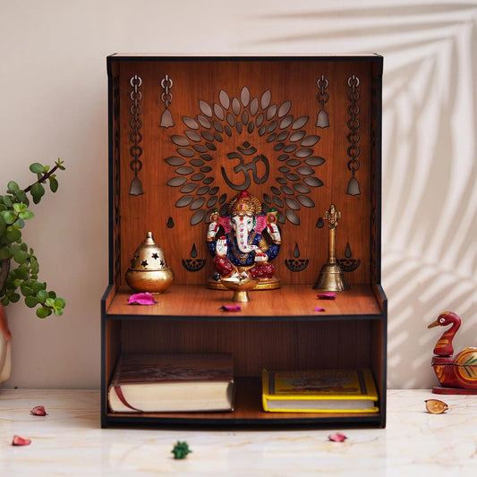 JaipurCrafts Premium OM Wooden Temple Beautiful MDF Wooden Temple/Pooja Mandir for Home and Office/Wall Mounted Temple Home Decor Temple (15.35" Inches) Brown