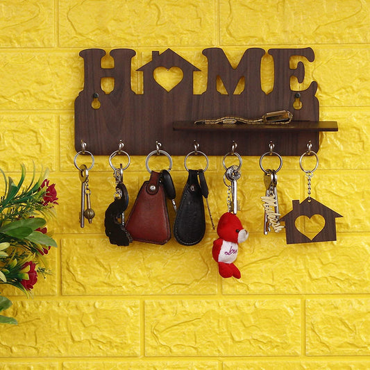 Webelkart Designer "Home" Keys Wooden Key Holder with 7 Hooks, Free Keychain (29 cm x 13.5 cm x 0.4 cm, Brown)