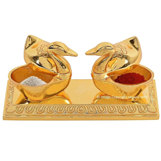 JaipurCrafts Zinc Roli-Chandan, Chawal-Akshat-Haldi, Kumkum Box with Loving Bird Duck Pair Chopda, 11x6x3cm(Gold)