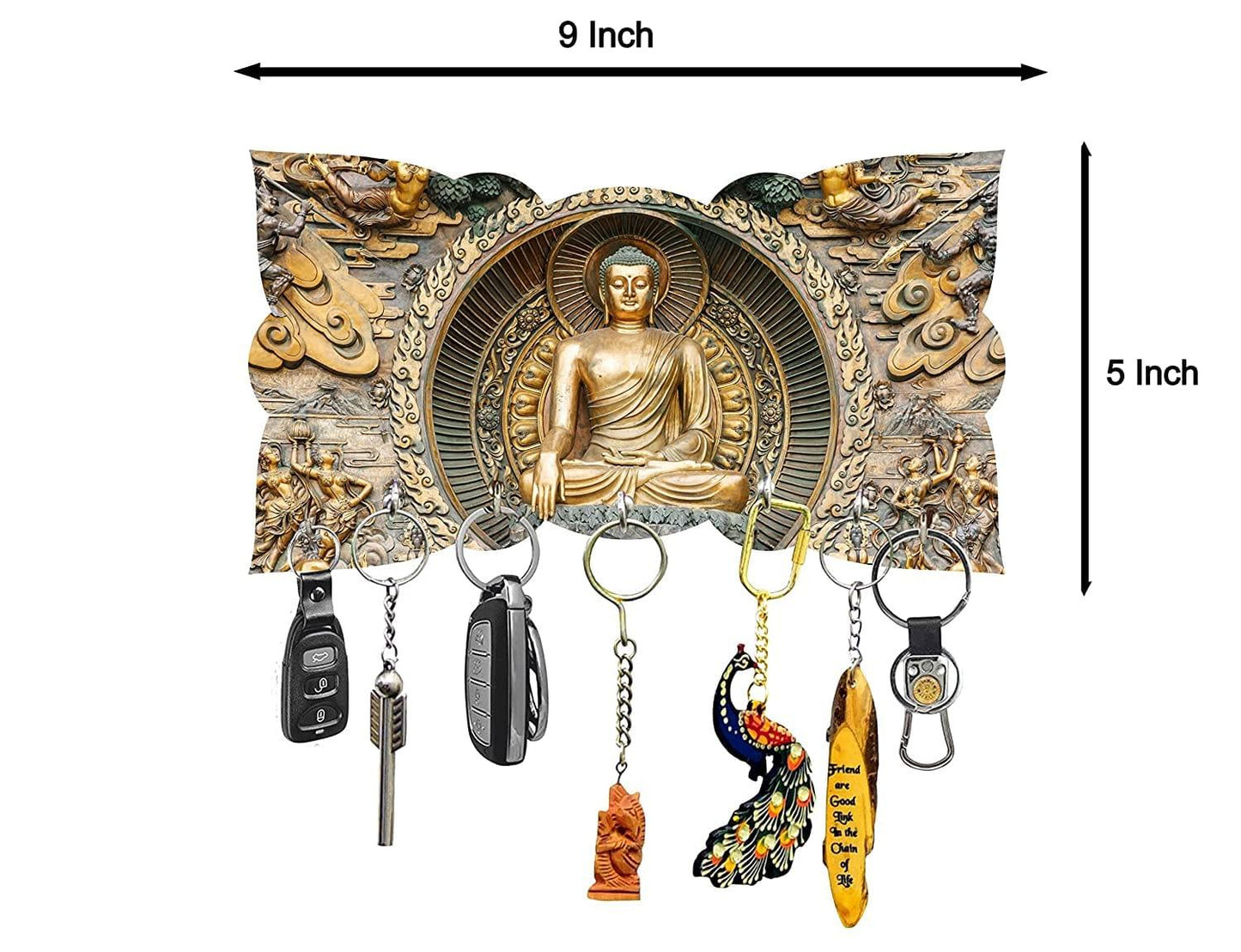 Webelkart Premium Printed Sitting " Gautam Buddha" Wooden Key Holder for Home and Office Decor| Keychain Holder for Home (9 Inches , 7 Hooks)