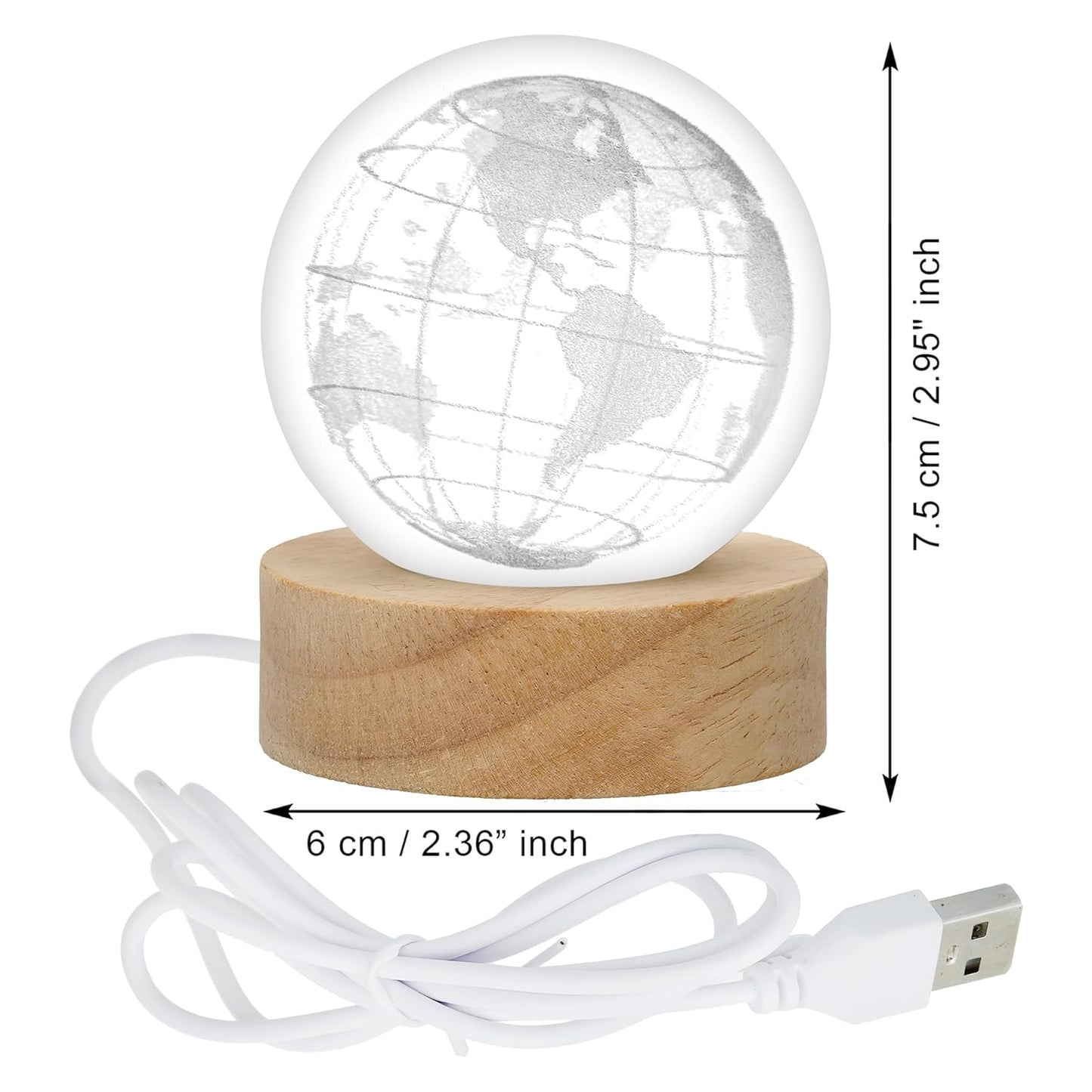 Webelkart Premium 3D Globe Crystal Ball Night Light USB Table LED Lamp Home Decor, Crystal Ball Night Light with Warm White Dimmable LED with Wooden Base,Diwali Decor Item (3" Inches)