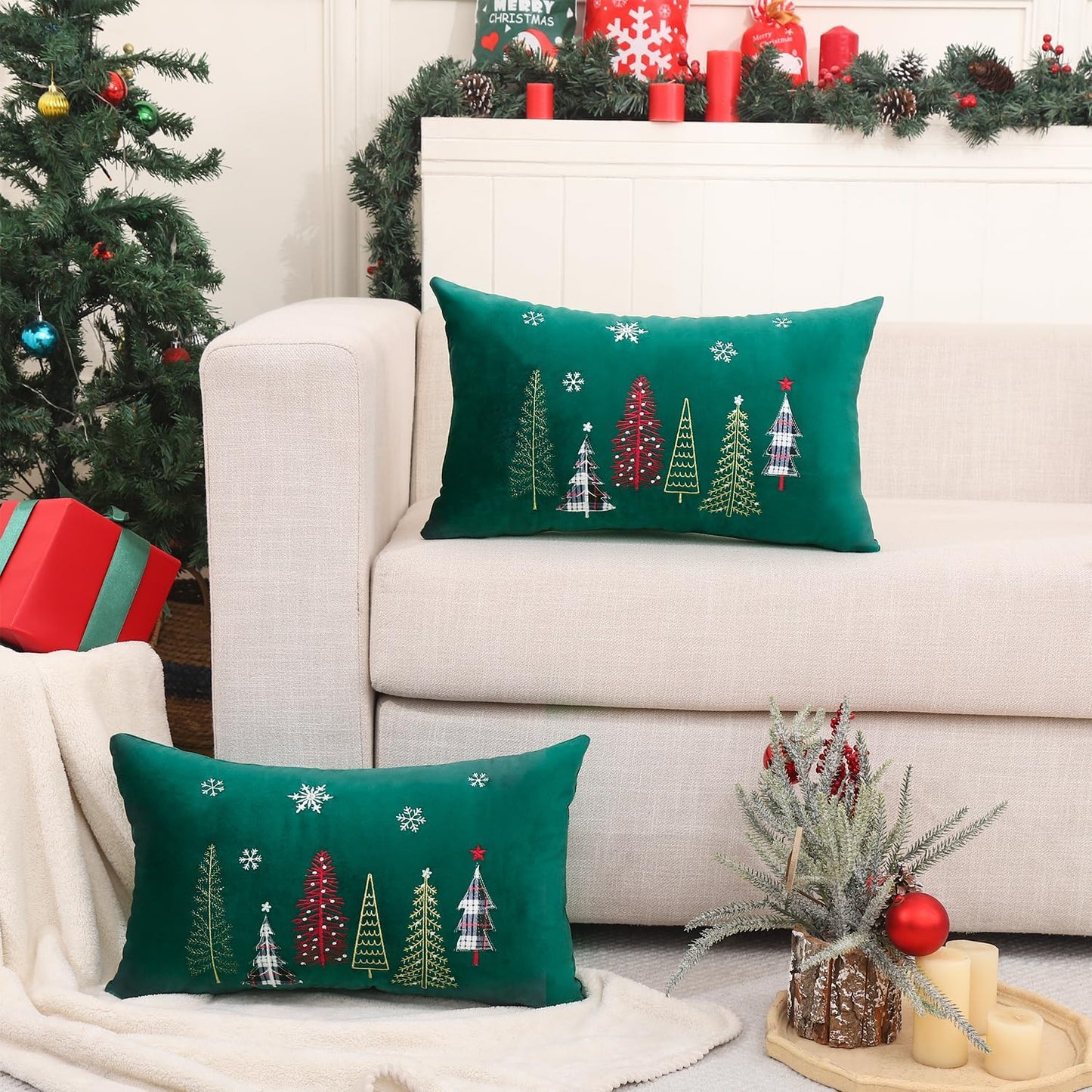 16 x 26 CM set of 2 Tree Embroidery velevt pillow with filler