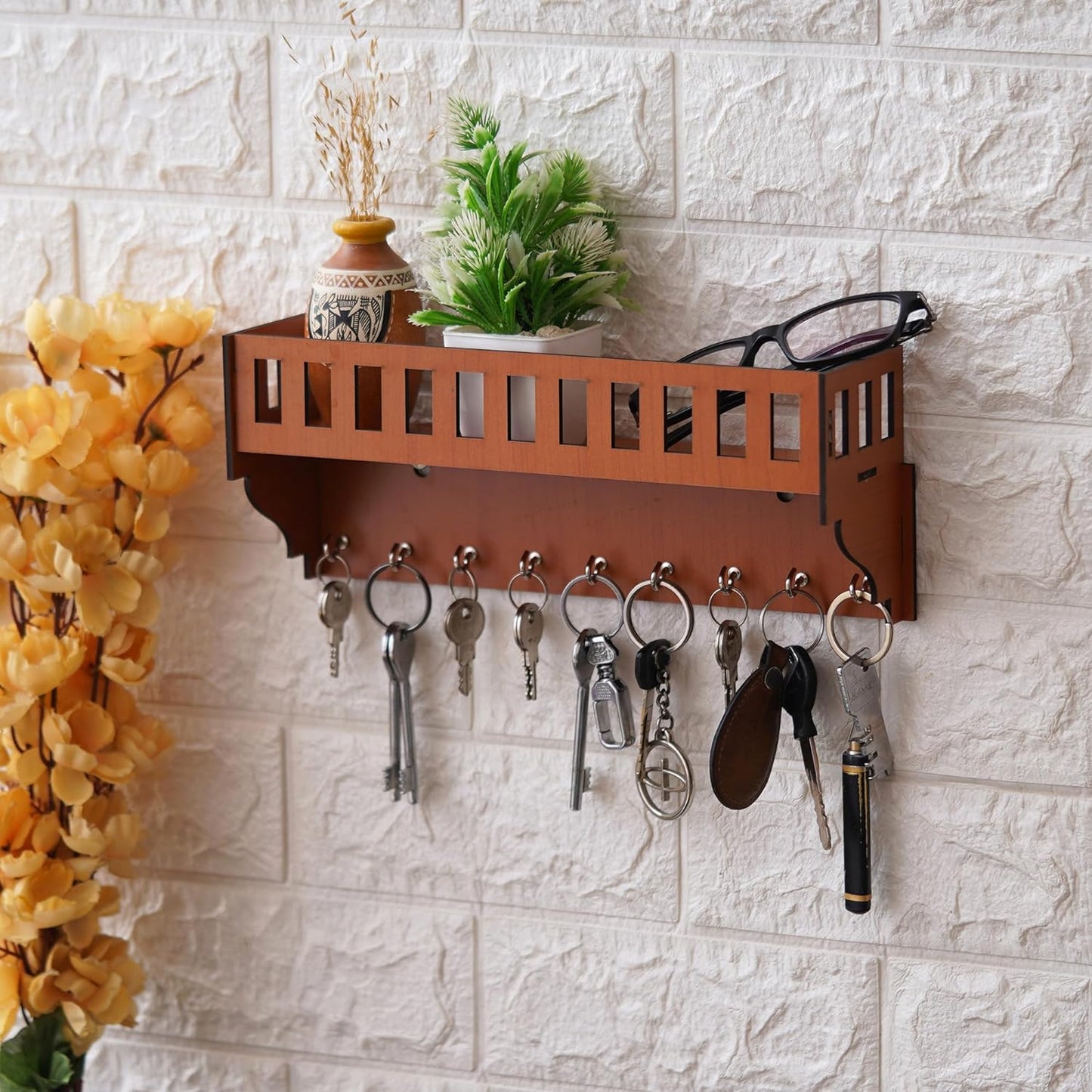 Webelkart Premium Wooden Key Chain Wall Hanging Key Holder Diwali Decorations Items for Home Decor Key Hanger with Showpiece Stand (9 Hook- Wood)