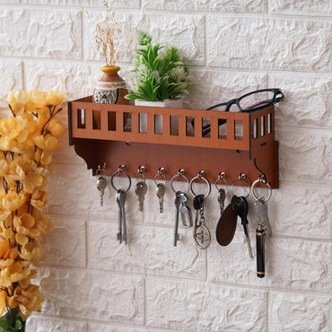 Webelkart Premium Wooden Key Chain Wall Hanging Key Holder Diwali Decorations Items for Home Decor Key Hanger with Showpiece Stand (9 Hook- Wood)