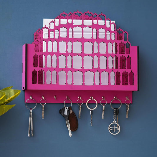 Webelkart Premium Hawamahal Shape Keys Hanger Wooden Key Holder for Home/Office Decor, Key Holder for Wall Decor Key Stand Holder (13" Inches) Pink