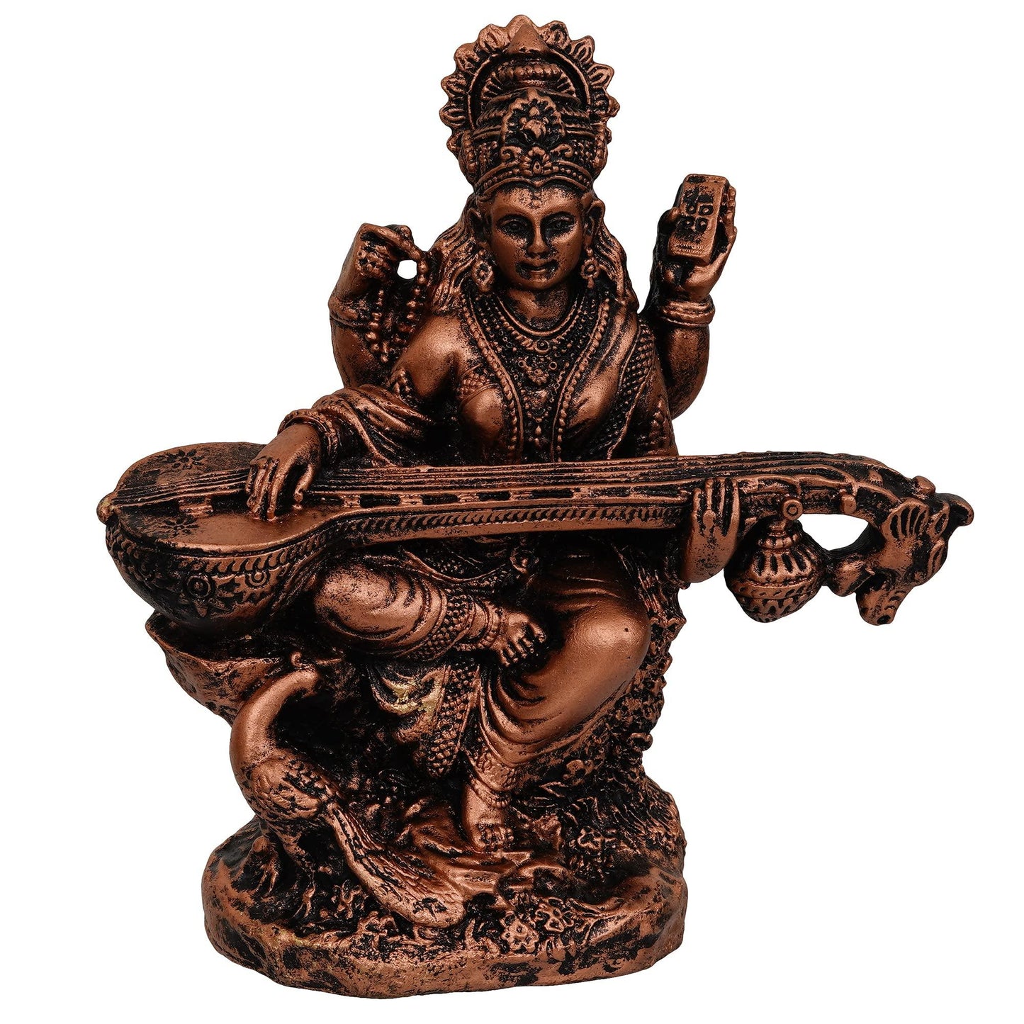 Webelkart Premium Saraswati Playing Veena Polyresin Showpiece for Home and Office Decor-Goddess Saraswati Showpiece| Saraswati Idol Statue for Home ( 7 x 6 x 2.5 Inches)
