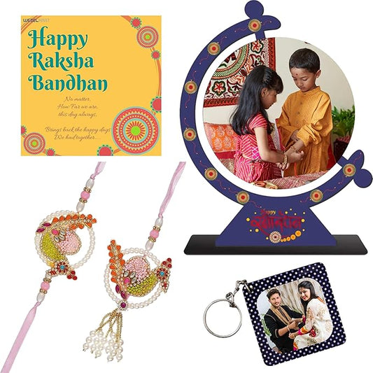 Webelkart Set Of 2 Rakhi And with Customised Wooden Rakhi Best Wishes Stand with Image Upload and Customised Keychain with Photo Print and Greeting Cards and Roli Chawal Pack