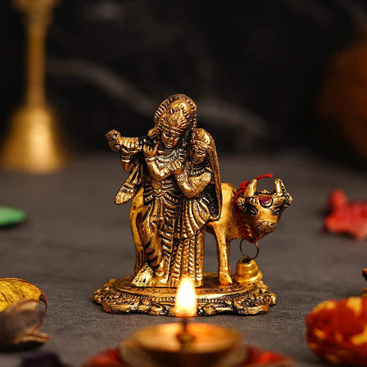 Webelkart Premium Metal Radha Krishna with Cow Showpiece for Home and Office Decor
