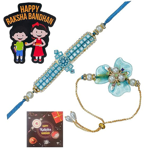 Webelkart Premium Set of 3 Multicolor Flower, Beads, Pearls Designer Rakhis with Magnet And Roli Chawal Pack Gift For Bhaiya Bhabhi,Lumba Rakhi For Bhabhi, Couple Gift Set
