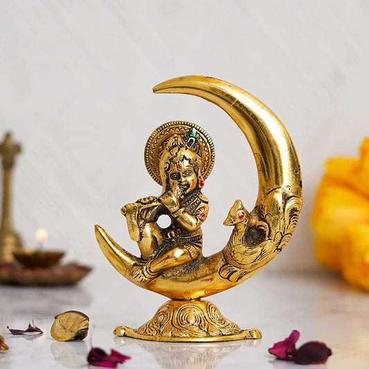 Webelkart Premium Handicrafted Gold Plated Metal Lord Krishna Sitting On Moon Playing Bansuri Idol for Home and Puja (6 Inches, Gold)