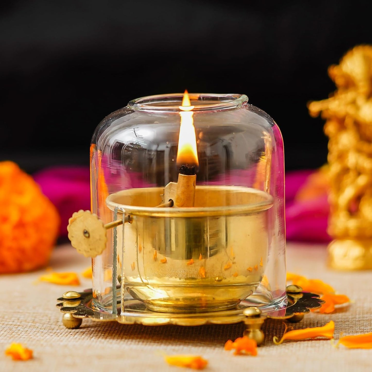 Webelkart Antique Lanterns for Home Decor Akhand Diya with Lifting Screw for Puja Decor|Oil Puja Lamp for Aarti Pooja Article Metal Diya for Diwali ( 3" Inches- Metal )
