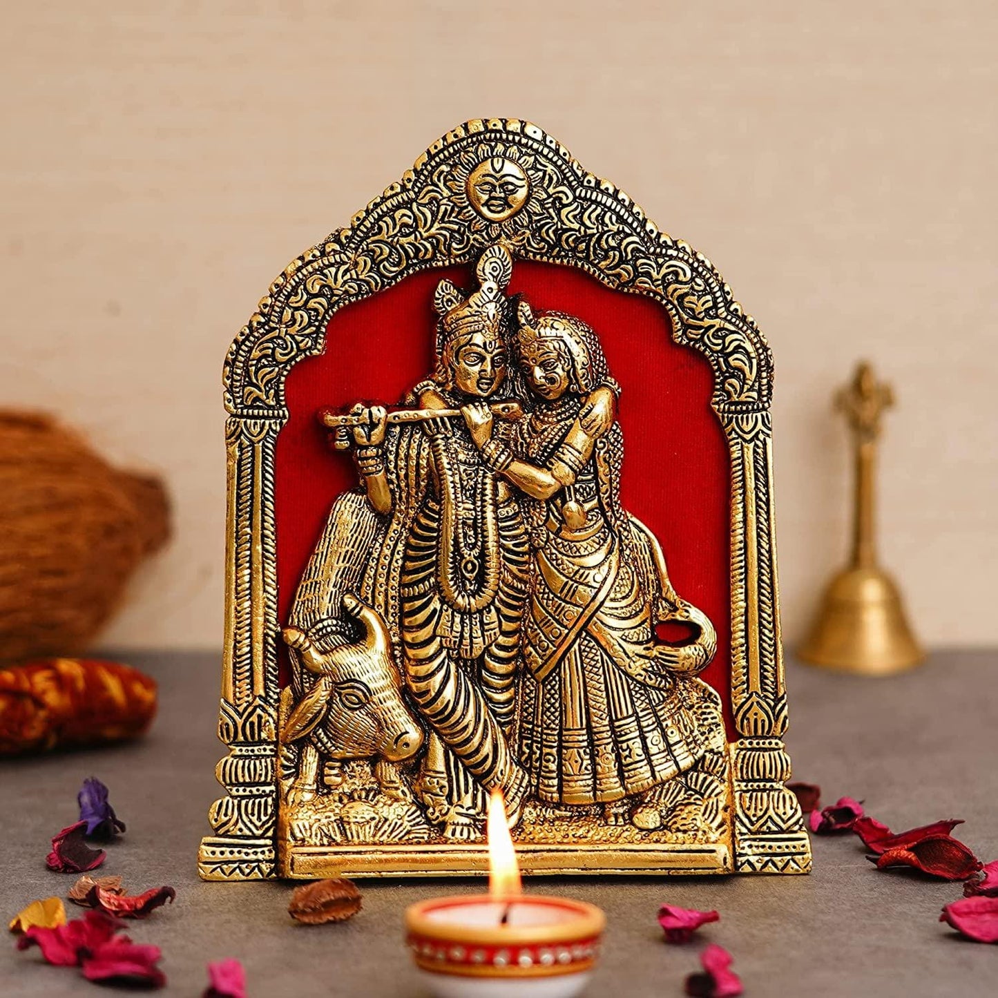 Webelkart Premium Metal Radha Krishna Idol Statue Wall Hanging for Home and Office Decor| Radha Krishna murti for Home Decor ( 7 x 8 Inches, Gold
