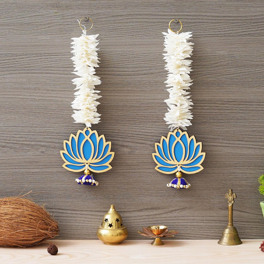 JaipurCrafts  Premium Yellow Lotus with White Gajra Flower Wall Hanging |Lotus Back Drop Hanging | Wall Decor |Temple Decor Wall Hanging Home and Diwali Decorations (Blue)