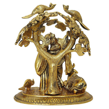 JaipurCrafts Premium Radha Krishna & Kamdhenu Cow Kalpvriksha Tree Showpiece - 22 cm (Aluminum, Golden)
