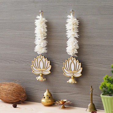 JaipurCrafts  Premium Yellow Lotus with White Gajra Flower Wall Hanging |Lotus Back Drop Hanging | Wall Decor |Temple Decor Wall Hanging Home and Diwali Decorations (White,Gold)