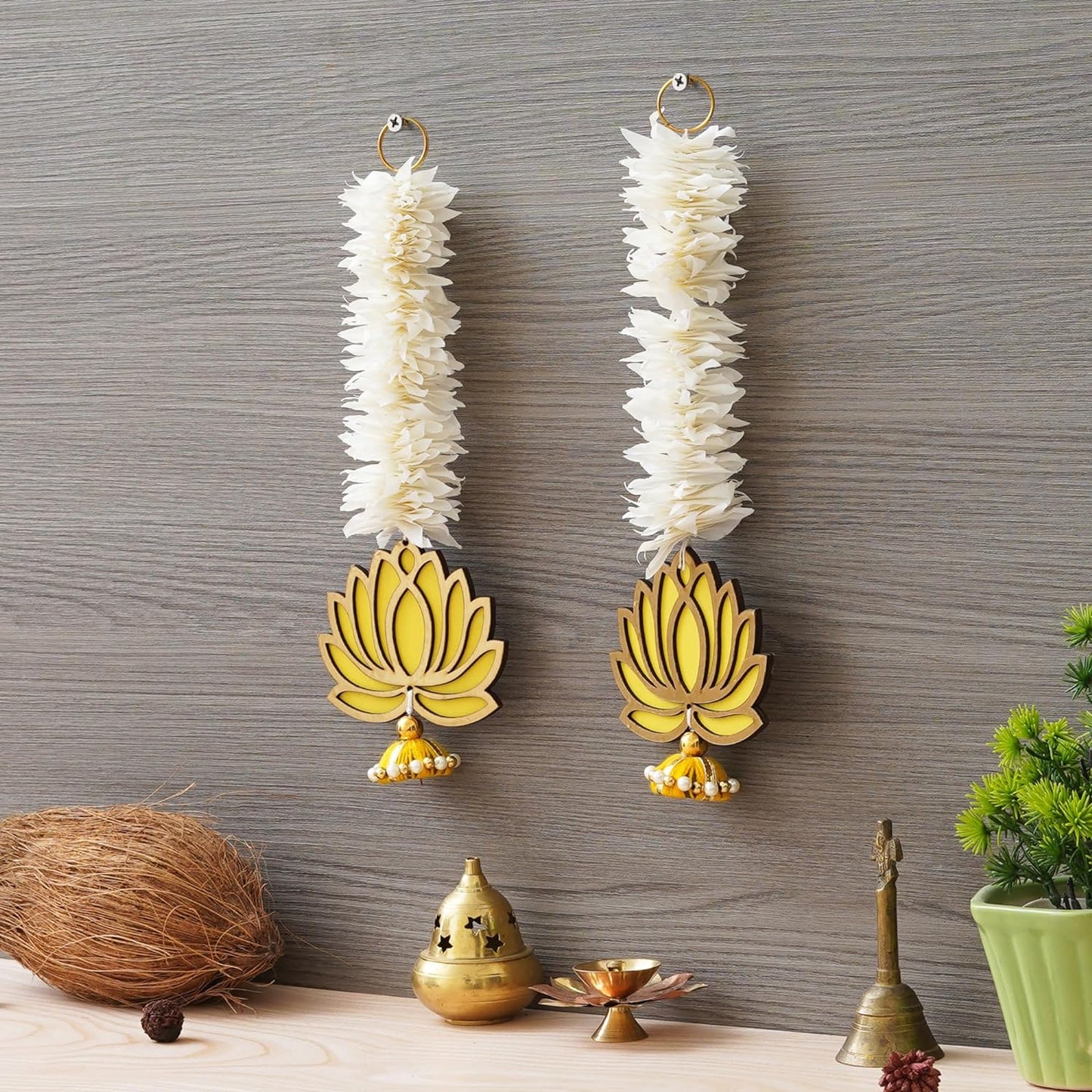 JaipurCrafts  Premium Yellow Lotus with White Gajra Flower Wall Hanging |Lotus Back Drop Hanging | Wall Decor |Temple Decor Wall Hanging for Home and Diwali Decorations (Yellow)