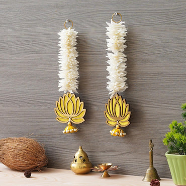 JaipurCrafts  Premium Yellow Lotus with White Gajra Flower Wall Hanging |Lotus Back Drop Hanging | Wall Decor |Temple Decor Wall Hanging for Home and Diwali Decorations (Yellow)