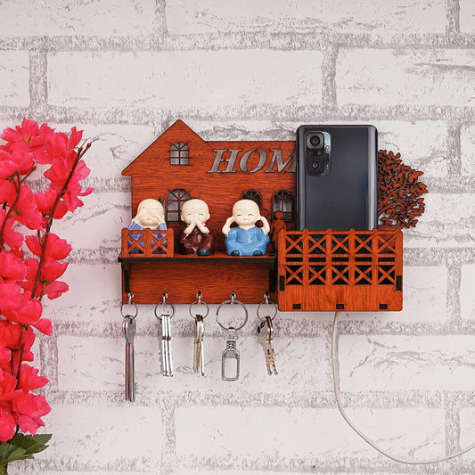 Webelkart Designer Home Multipurpose Wall Shelf/Wall Mount Key Holder with Mobile Charging Stand Wooden Key Holder for Home and Office Decor ( 11.75 Inches , 5 Hooks)