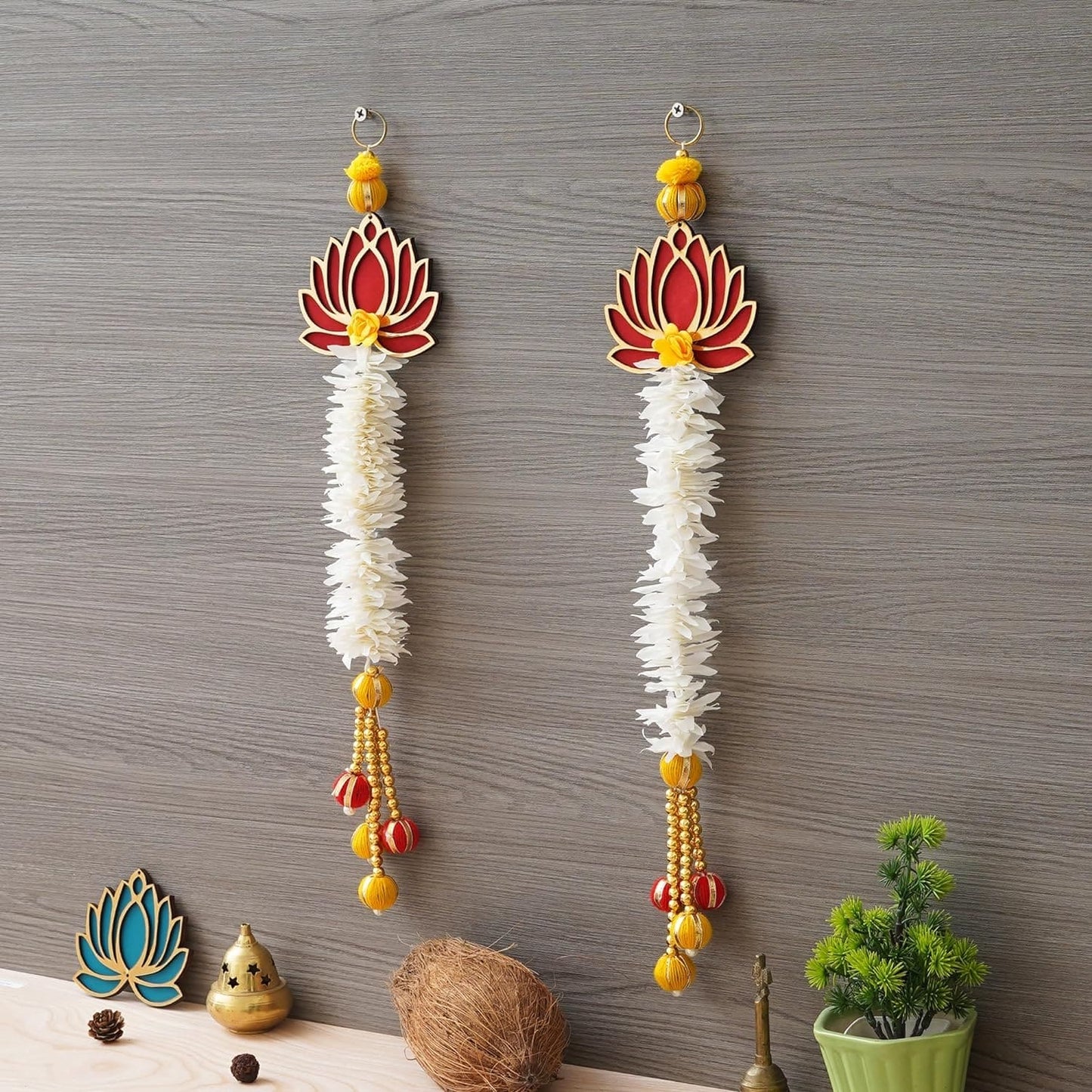 JaipurCrafts  Premium White and Gold Lotus Wall Hanging Wall Decor |Temple Decor Home and Office Decor| Lotus Back Drop Hanging (Set of 2) (Red)