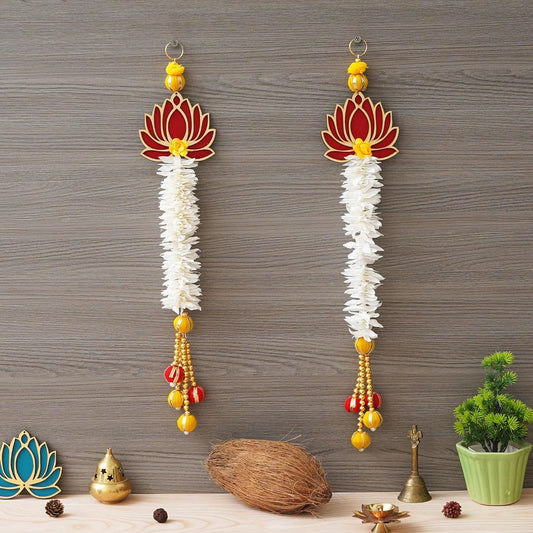 JaipurCrafts  Premium White and Gold Lotus Wall Hanging Wall Decor |Temple Decor Home and Office Decor| Lotus Back Drop Hanging (Set of 2) (Red)
