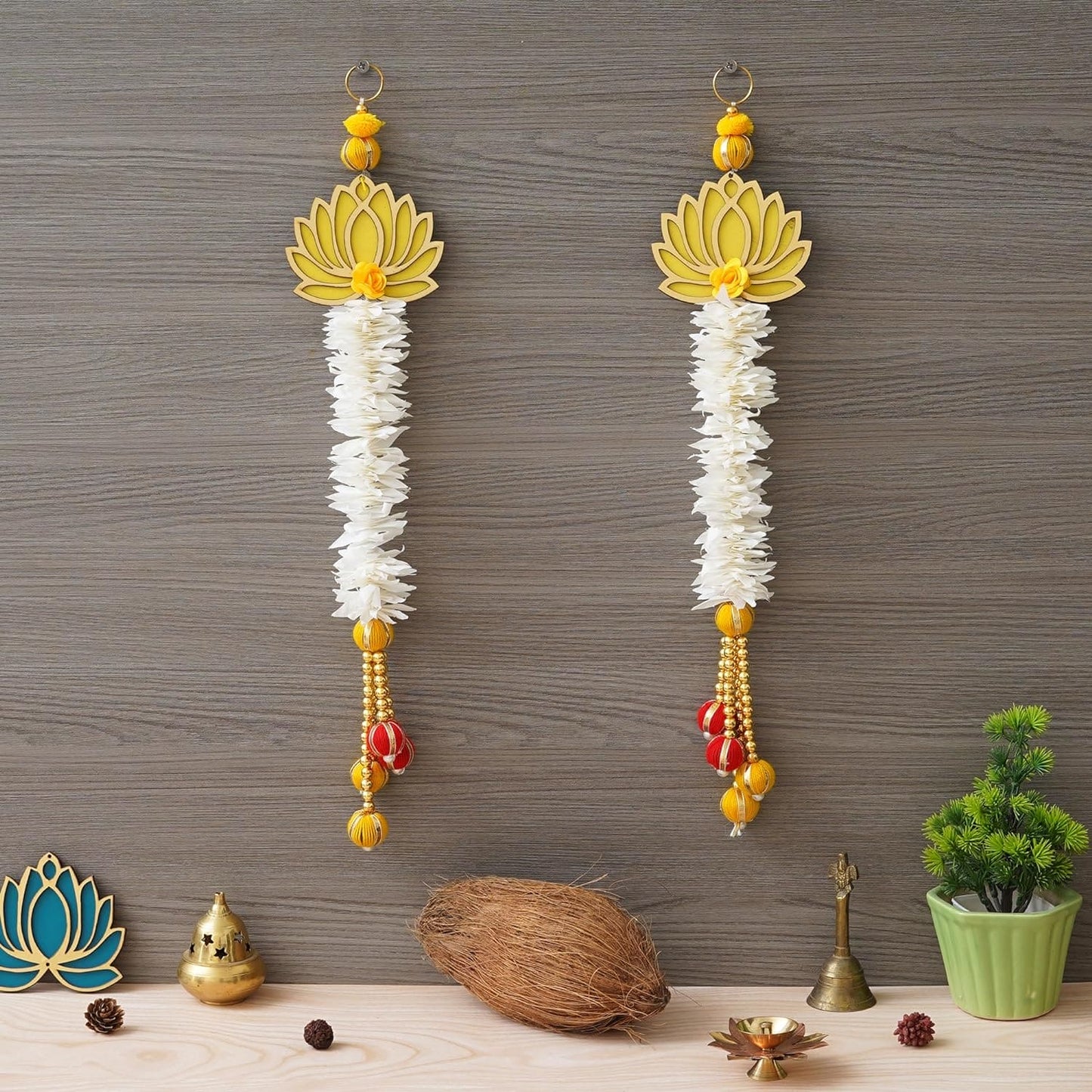 JaipurCrafts  Premium Yellow and Gold Lotus Wall Hanging |Lotus Back Drop Hanging | Wall Decor |Temple Decor Home and Office Decor (Set of 2) 17" Inches