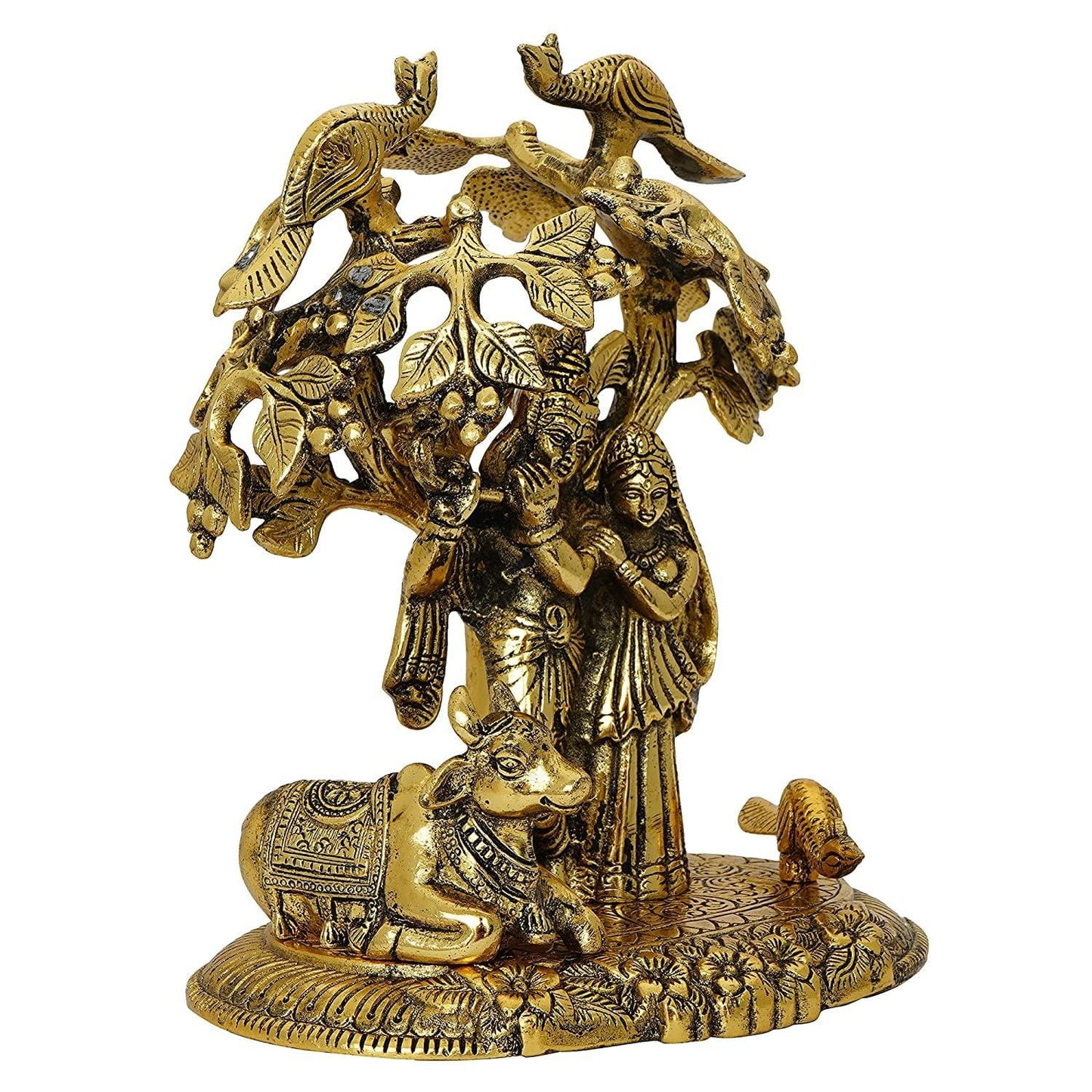 JaipurCrafts Premium Radha Krishna & Kamdhenu Cow Kalpvriksha Tree Showpiece - 22 cm (Aluminum, Golden)