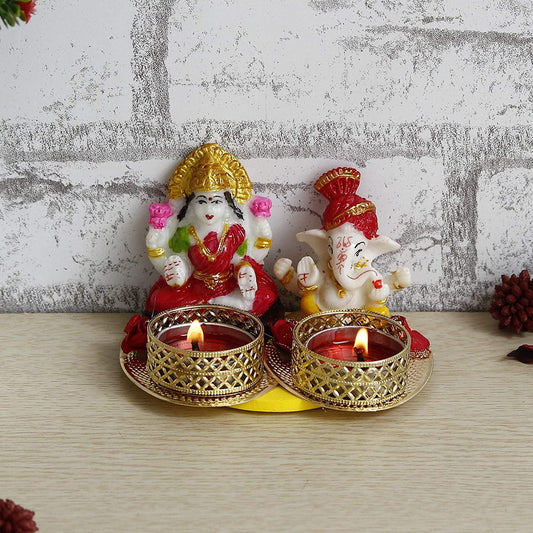 Webelkart Premium Laxmi Ganesha Idol on Decorative Handcrafted Tealight Holder for Home Decorative Showpiece - 3 Inch (Poly-Resin, Multi Color)