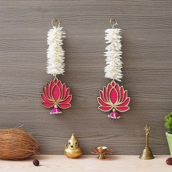 JaipurCrafts  Premium Yellow Lotus with White Gajra Flower Wall Hanging |Lotus Back Drop Hanging | Wall Decor |Temple Decor Wall Hanging Home and Office Decor (Pink)