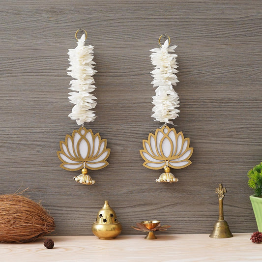 JaipurCrafts  Premium Yellow Lotus with White Gajra Flower Wall Hanging |Lotus Back Drop Hanging | Wall Decor |Temple Decor Wall Hanging Home and Diwali Decorations (White,Gold)