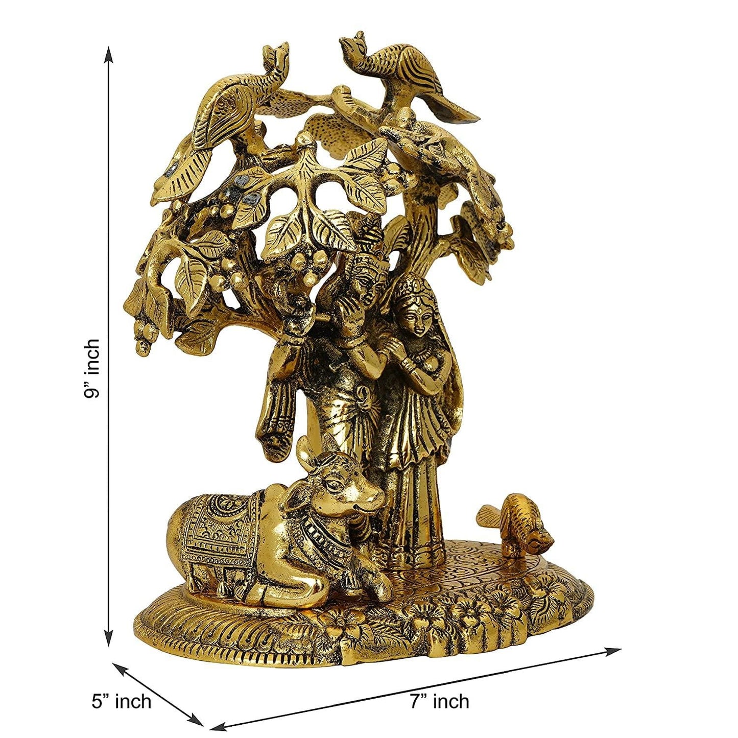 JaipurCrafts Premium Radha Krishna & Kamdhenu Cow Kalpvriksha Tree Showpiece - 22 cm (Aluminum, Golden)