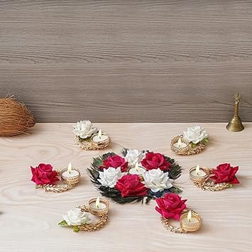 JaipurCrafts  Premium Rose Candles Artificial Pack of 7 Tealight Candle Holder for Home Decor Diwali Candles for Decoration| Diwali diyas for Decoration| Diwali Gifting Items (Pack of 7, 8.x 4 Inches)
