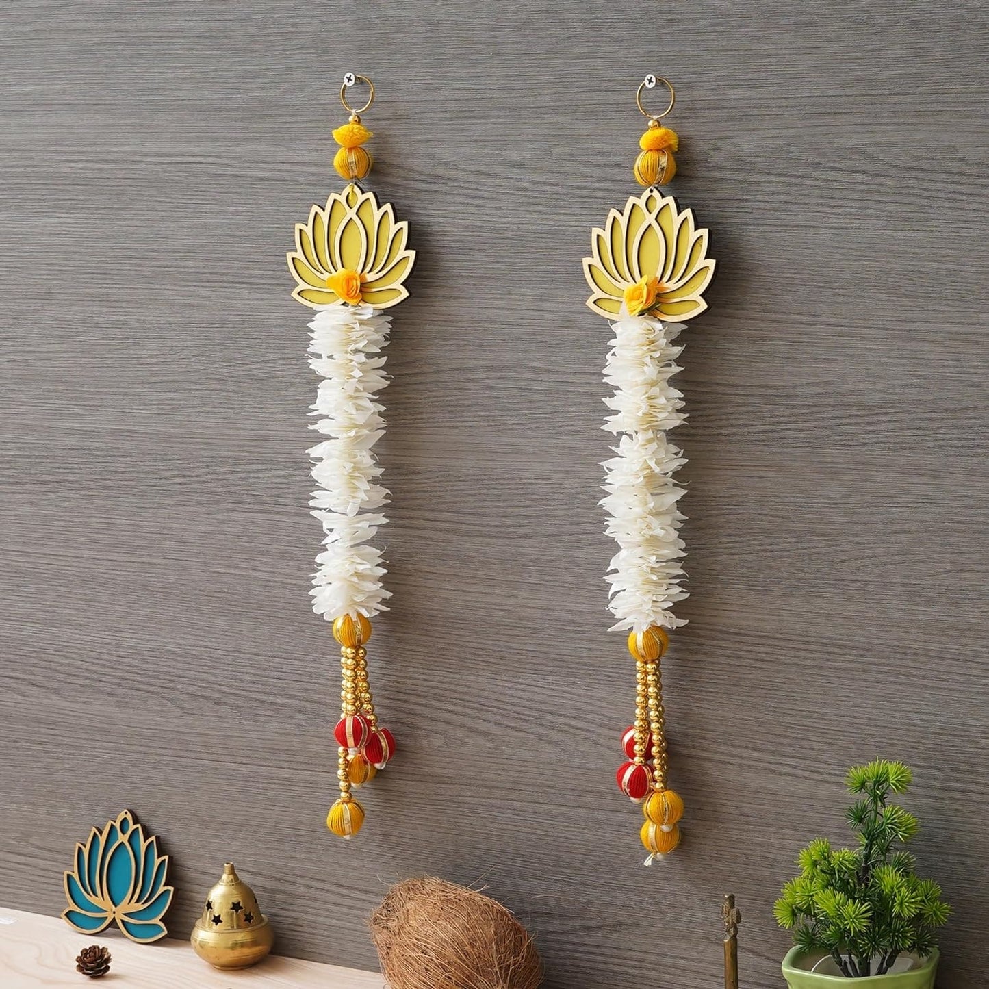 JaipurCrafts  Premium Yellow and Gold Lotus Wall Hanging |Lotus Back Drop Hanging | Wall Decor |Temple Decor Home and Office Decor (Set of 2) 17" Inches