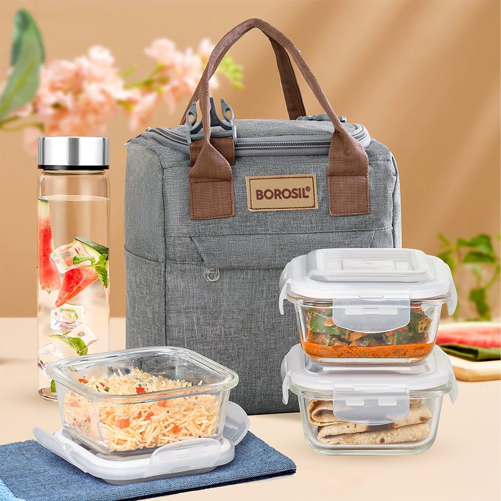 Borosil Gourmet Lunch Box Set, 320ml x 3 (+) 550ml x 1