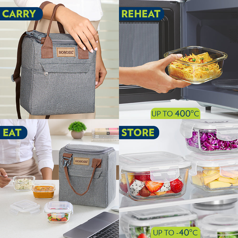 Borosil Gourmet Lunch Box Set, 320ml x 3 (+) 550ml x 1