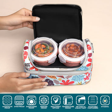 Borosil Bloom Pink Universal Glass Lunchbox, 320ml x 2 + 240ml x 2