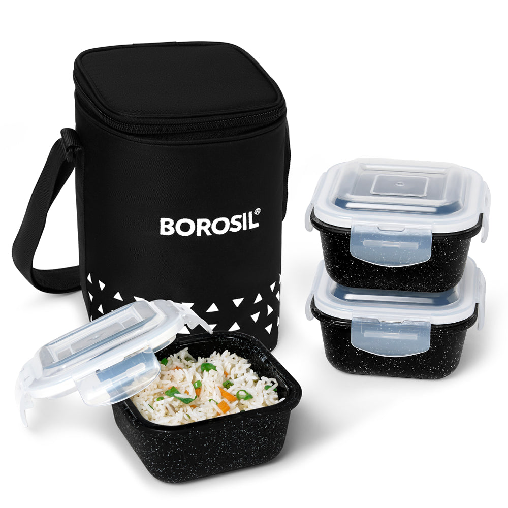 Borosil Kube Black Glass Lunch Box, Square x 3 (Tall), Set of 3, 320ml